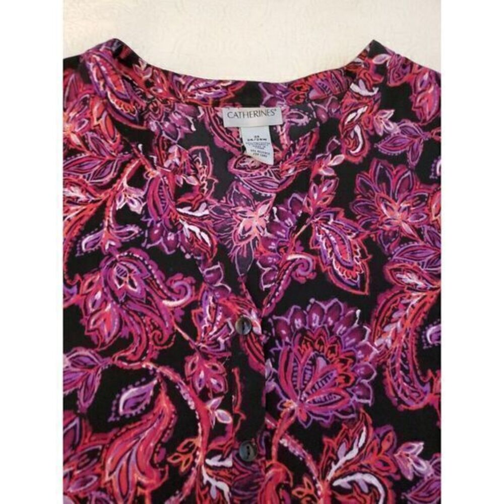 Catherines Shirt 3X Plus Paisley Pink Black Button Up Blouse Short Sleeve 26W 28